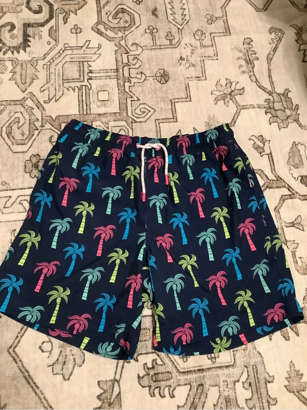 Navy Palm-Print Men's Swim Trunks